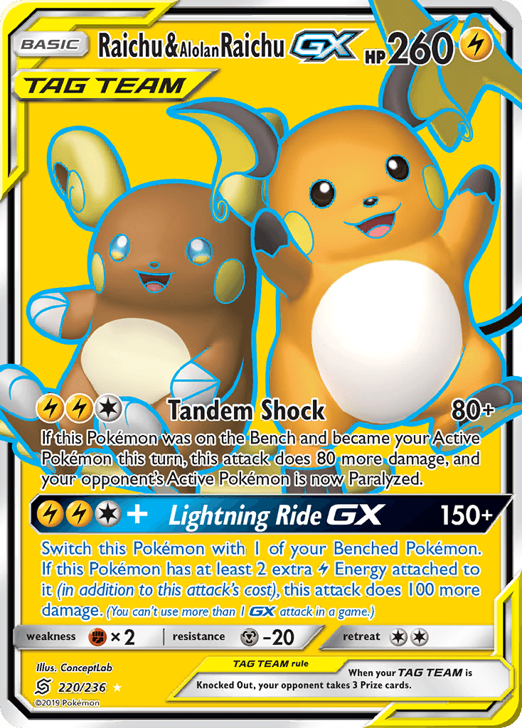 Raichu & Alolan Raichu GX (220/236) [Sun & Moon: Unified Minds] - POKÉ JEUX